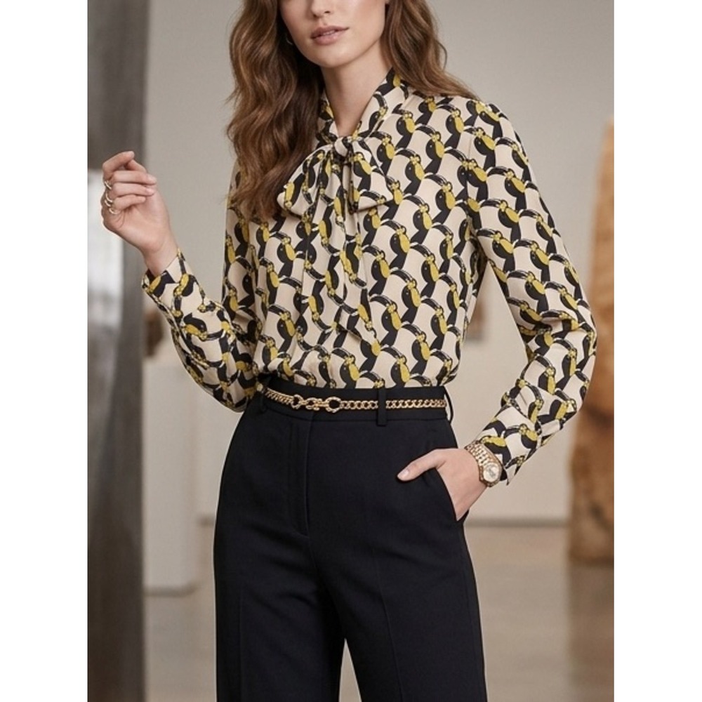 Avec Les Filles Toucan Bird Print Tie Neck Blouse Cream Yellow Black XS